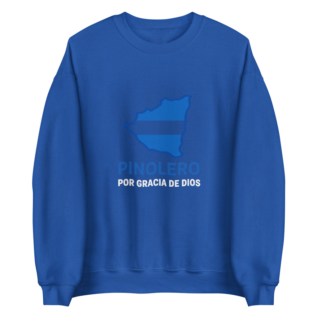 Blue sweatshirt with a graphic design and text on a white background