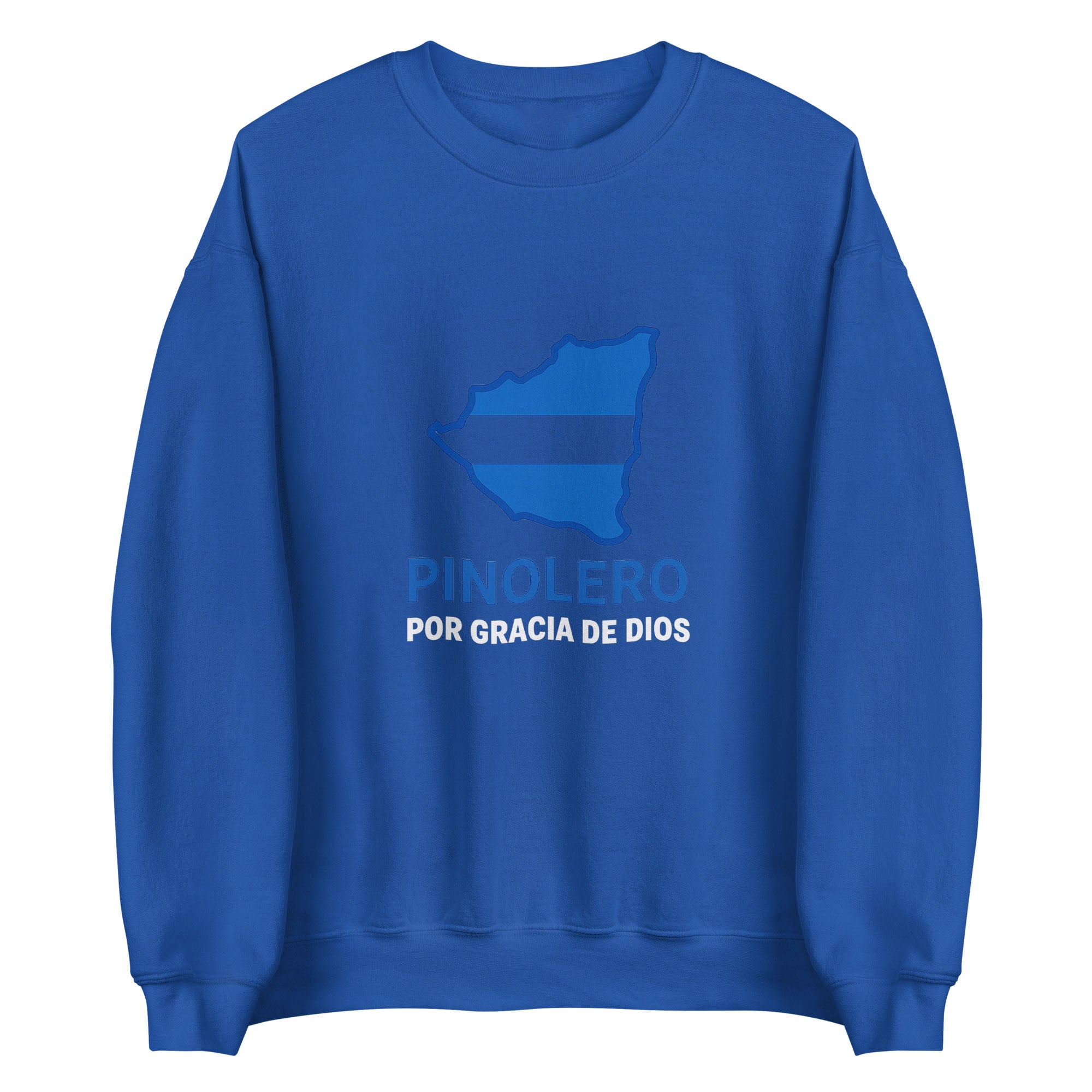 Blue sweatshirt with a graphic design and text on a white background