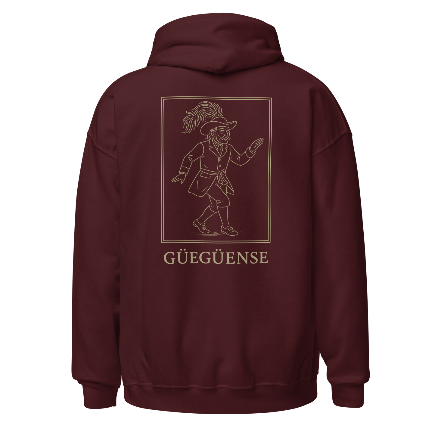 Maroon hoodie with a design and text on the back against a white background