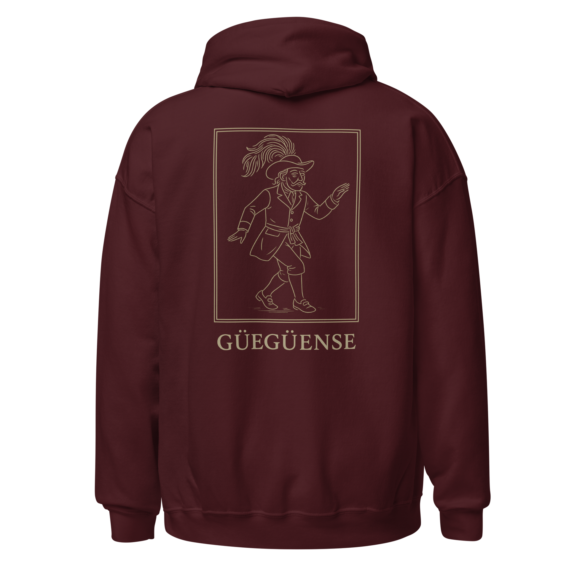 Maroon hoodie with a design and text on the back against a white background
