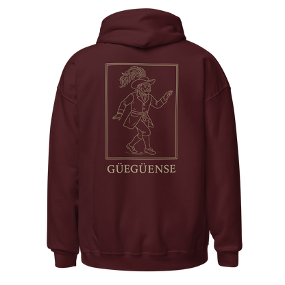 Maroon hoodie with a design and text on the back against a white background